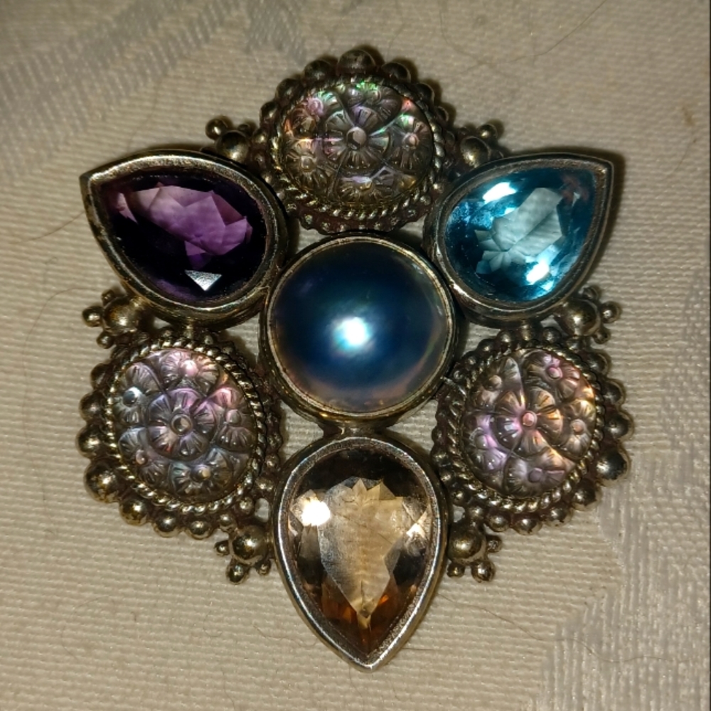 Stephen Dweck Vintage Multi-Stone Flower Motif Brooch, Sterling Silver